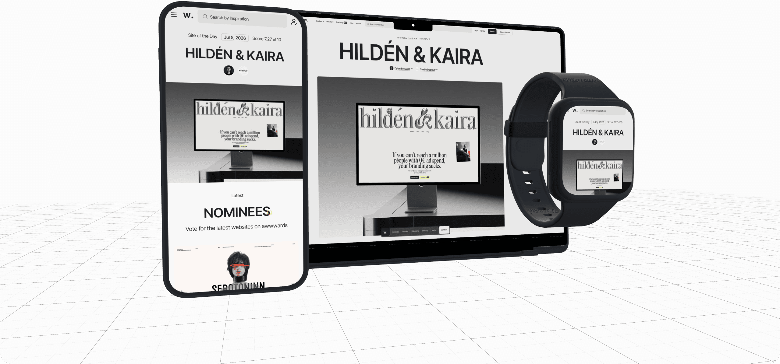 Mock Studio banner with smartphone, notebook, and smartwatch mockups in a 3D scene