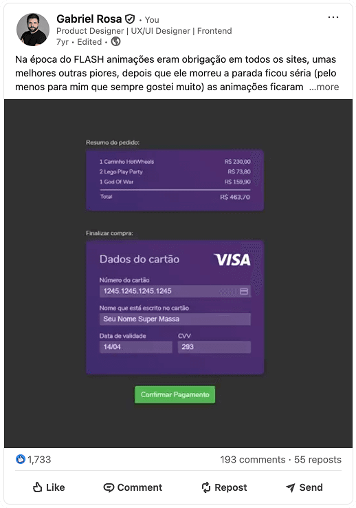 LinkedIn post showing the Fancy Checkout project and its engagement metrics