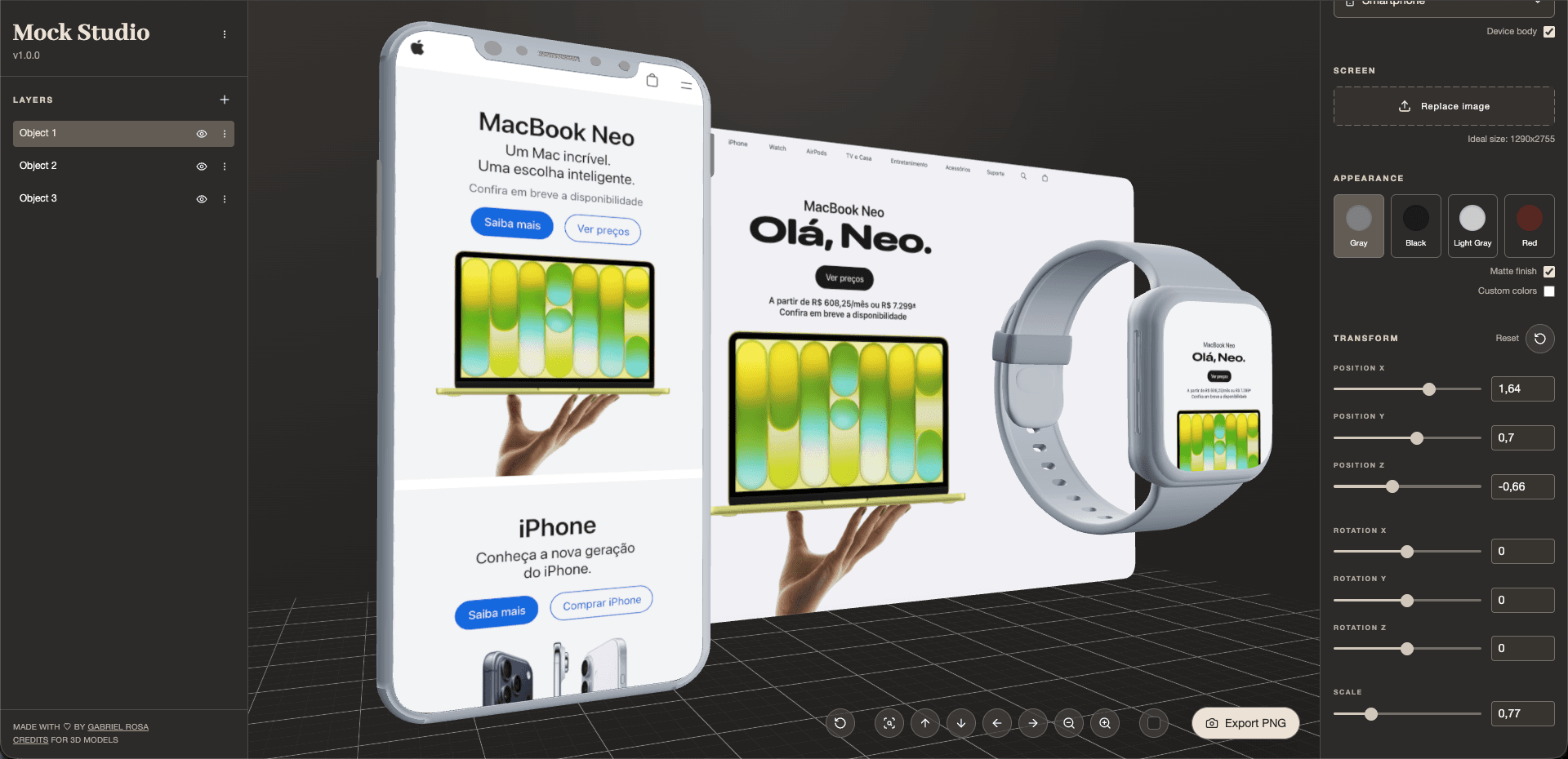 Mock Studio editor preview with smartphone, notebook, and smartwatch mockups in a 3D scene