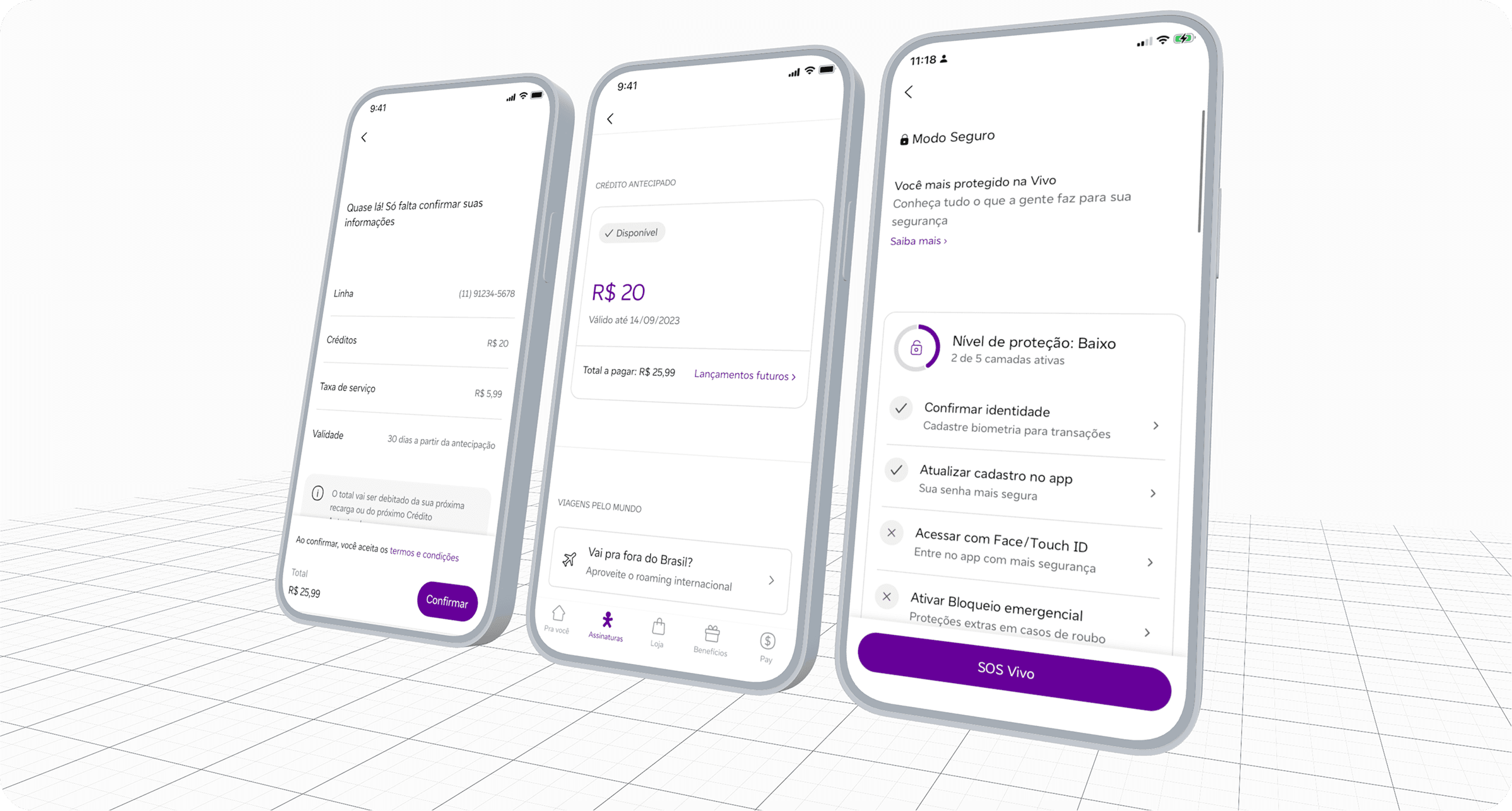 Three Vivo app screens: the Crédito Antecipado confirmation, the prepaid credit card, and the Modo Seguro security hub