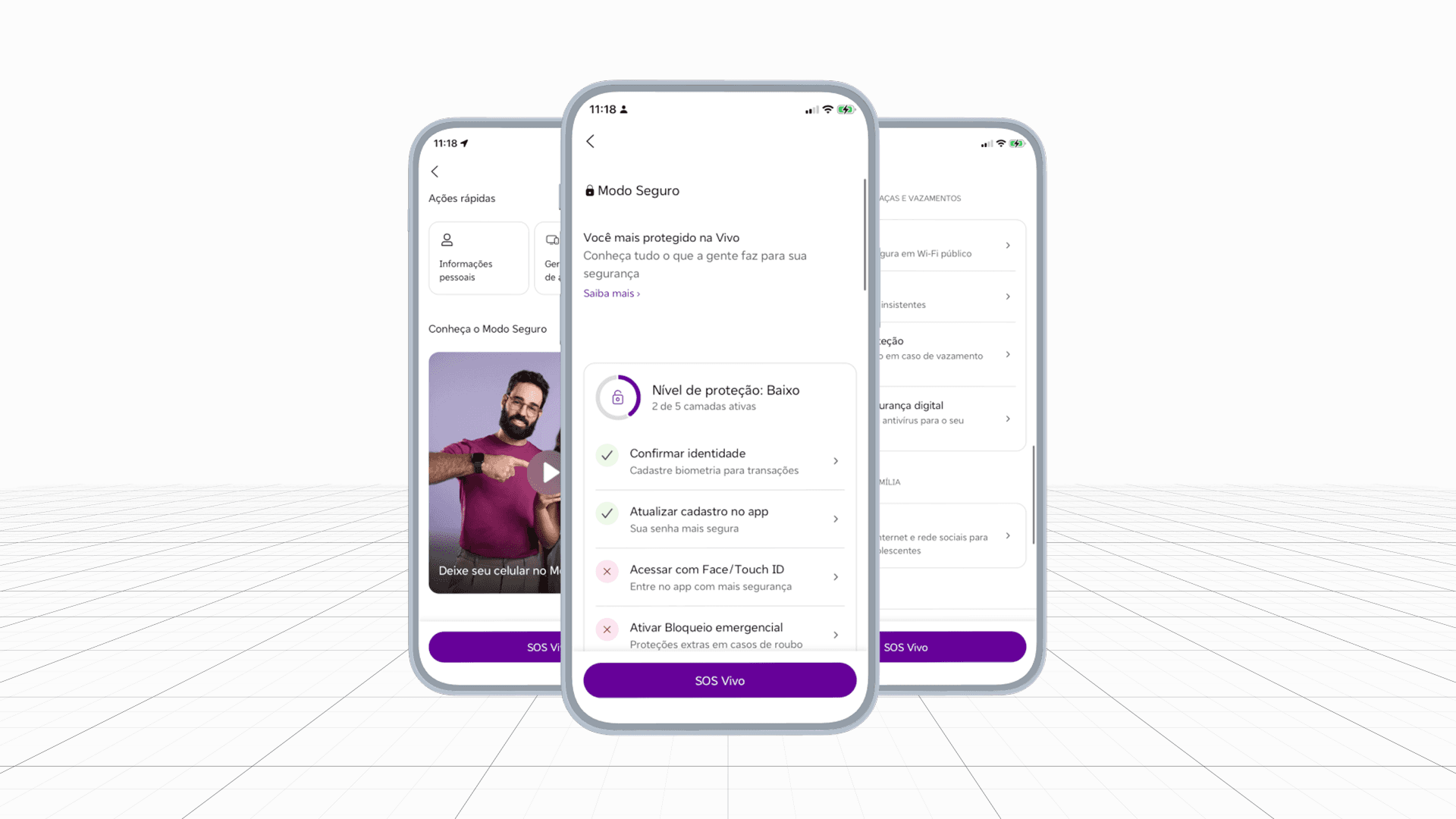 B2C product design for the Vivo app, including Modo Seguro, a security hub, and Crédito Antecipado, a prepaid-credit redesign.