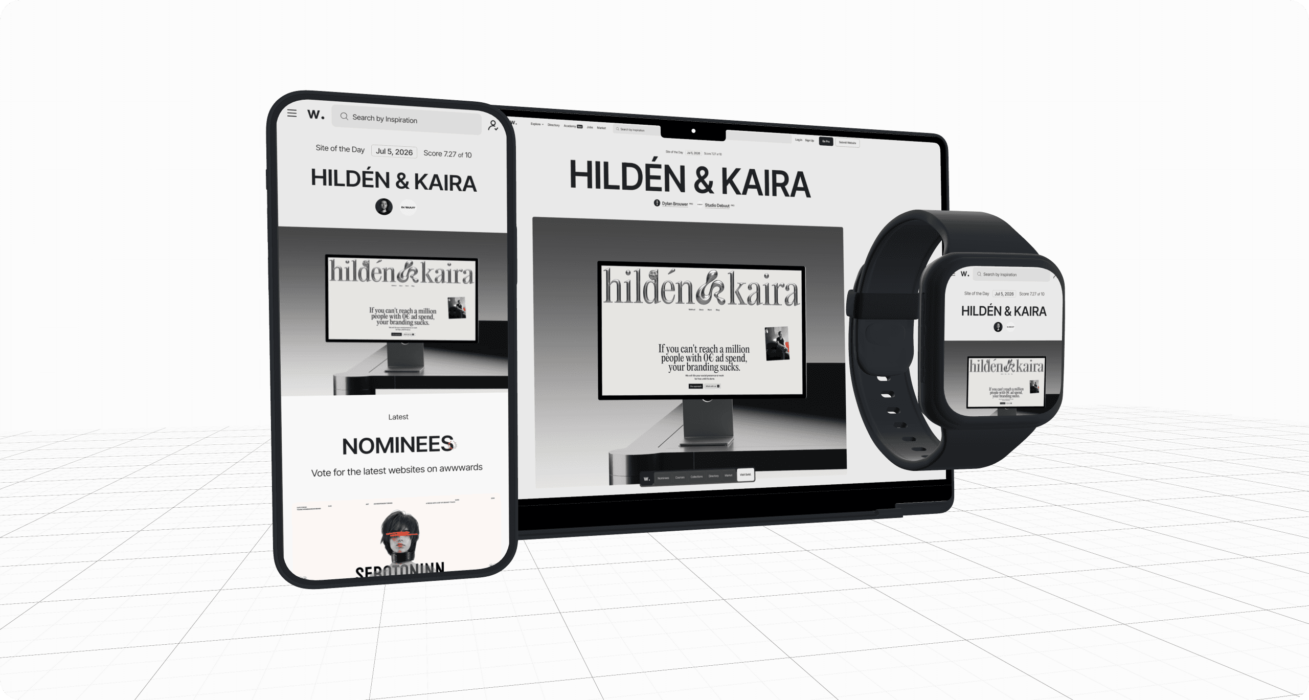 Mock Studio banner with smartphone, notebook, and smartwatch mockups in a 3D scene